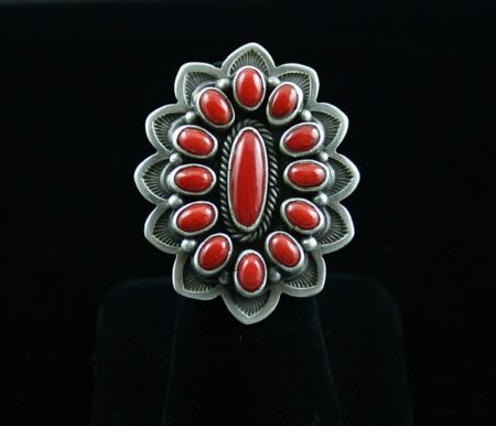 Sammie Kescoli Begay Gem Grade Mediterranean Coral Cluster Ingot Ring