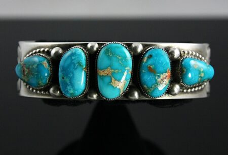Calvin Martinez Five Stone Rare High Grade Blue Gem Turquoise Ingot Bracelet