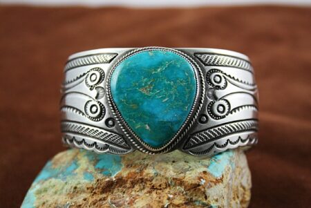 Calvin Martinez Rare Gem Grade Blue Gem Turquoise Hammered Ingot Bracelet