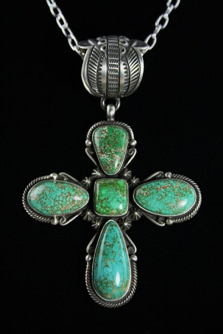 Terry Martinez Rare Gem Grade Carico Lake Spiderweb Turquoise Hammered Ingot Sterling Silver Cross