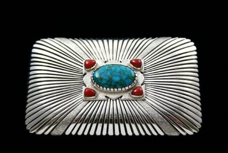 Leo Yazzie Rare Gem Grade Red Mountain Spiderweb Turquoise and Gem Grade Coral Belt Buckle