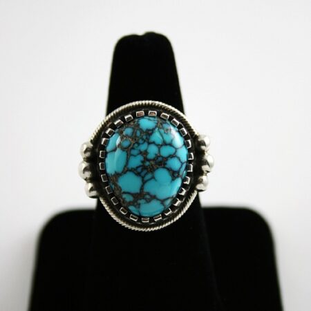 Arland Ben Rare Gem Grade Godber Burnham Spiderweb Turquoise Solid 14K Gold Over Sterling Silver Petroglyph Design Ring