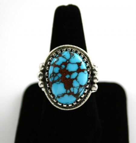 Arland Ben Rare Gem Grade Godber Burnham Spiderweb Turquoise Solid 14K Gold Over Sterling Silver Petroglyph Design Ring