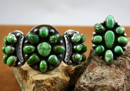 Sammie Kescoli Begay Rare Gem Grade Carico Lake Turquoise Cluster Ingot Bracelet and Matching Ring