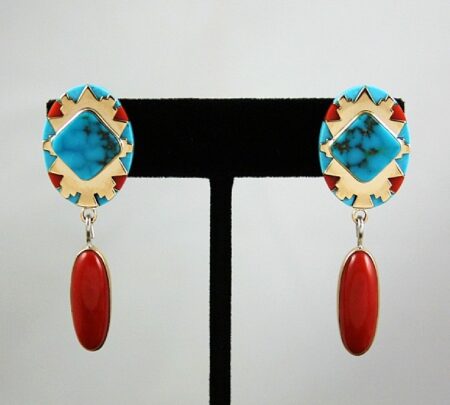Leo Yazzie Solid 14K Gold Over Sterling Silver Rare Gem Grade Red Mountain Spiderweb Turquoise and Gem Grade Coral Dangle Earrings