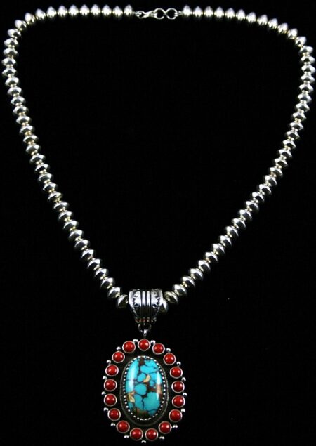 Terry Martinez Rare Gem Grade Montezuma Turquoise and Gem Grade Coral Necklace
