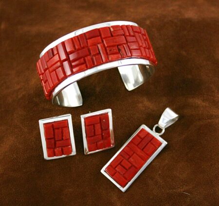 Tommy Jackson Rare Gem Grade Mediterranean Oxblood Coral Raised Inlay Bracelet, Earrings and Matching Pendant