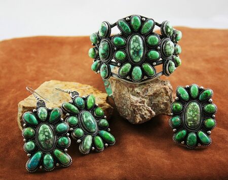 Sammie Kescoli Begay Rare Gem Grade Carico Lake Spiderweb Turquoise Cluster Ingot Bracelet, Dangle Earrings and Matching Ring