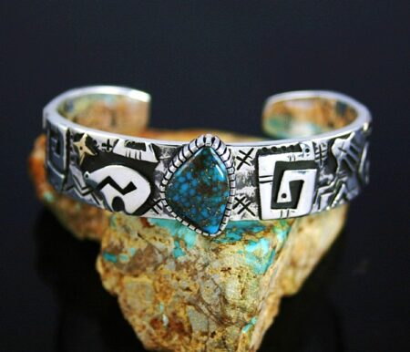 Kee Yazzie Rare Gem Grade Candelaria Spiderweb Turquoise Anasazi Design Overlay Bracelet