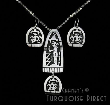 Chalmers Day Mudhead Kachina Design Overlay Dangle Earrings and Matching Pin/Pendant