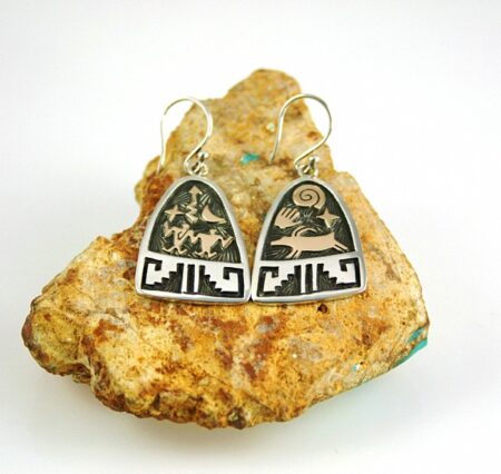 Arland Ben Solid 14K Gold Over Sterling Silver Petroglyph Design Dangle Earrings