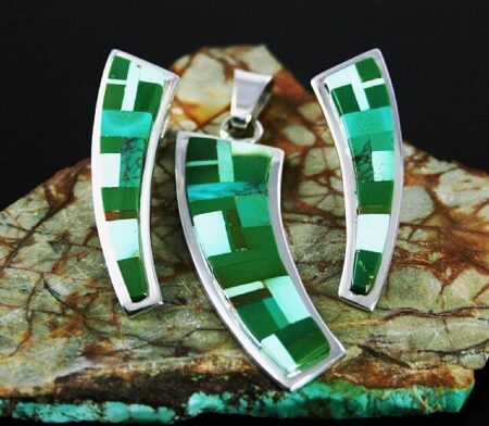 Tommy Jackson Rare Gem Grade Royston Turquoise Inlay Earrings and Matching Pendant