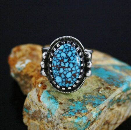 Arland Ben Rare Gem Grade Kingman Spiderweb Turquoise Solid 14K Gold Over Sterling Silver Petroglyph Design Ring