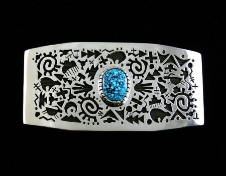 Kee Yazzie Rare High Grade Kingman Spiderweb Turquoise Petroglyph Design Overlay Belt Buckle