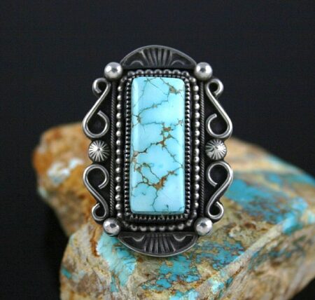 Sammie Kescoli Begay Rare High Grade Number Eight Spiderweb Turquoise Ingot Ring