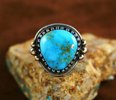 Arland Ben Rare Gem Grade Darling Darlene Turquoise Solid 14K Gold Over Sterling Silver Buffalo and Petroglyph Design Ring