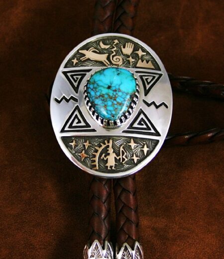 Arland Ben Rare Gem Grade Candelaria Spiderweb Turquoise Solid 14K Gold Over Sterling Silver Petroglyph Design Bolo Tie