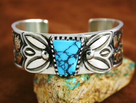Arland Ben Rare Gem Grade Ithaca Peak Turquoise Solid 14K Gold Over Sterling Silver Petroglyph Design Bracelet