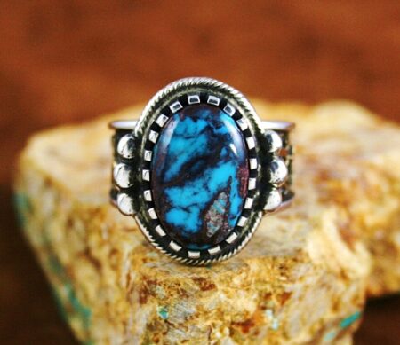 Arland Ben Rare Gem Grade Bisbee Turquoise Solid 14K Gold Over Sterling Silver Buffalo and Petroglyph Design Ring