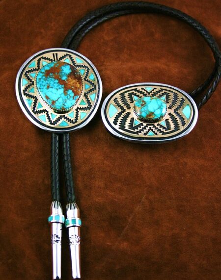 Tommy Jackson Rare Gem Grade Aztec Spiderweb Turquoise Solid 14K Gold Over Sterling Silver Bolo Tie and Matching Belt Buckle