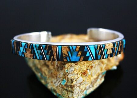 Tommy Jackson Multi-Color Navajo Rug Pattern Design Inlay Bracelet