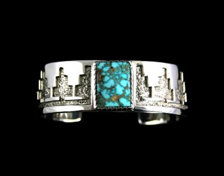 Tommy Jackson High Grade Turquoise Mountain Spiderweb Navajo Rug Pattern Design Bracelet