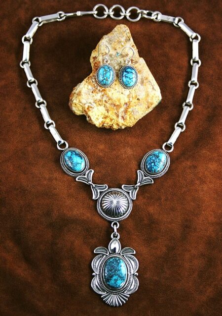 Sammie Kescoli Begay Rare Gem Grade Indian Mountain Spiderweb Turquoise Ingot Necklace and Matching Dangle Earrings
