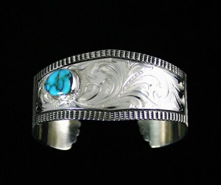 Leonard Nez Rare High Grade Candelaria Spiderweb Turquoise Engraved Bracelet
