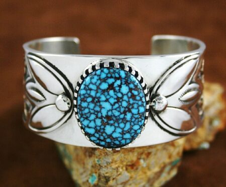 Arland Ben Rare Gem Grade Kingman Spiderweb Turquoise Solid 14K Gold Over Sterling Silver Petroglyph Design Bracelet