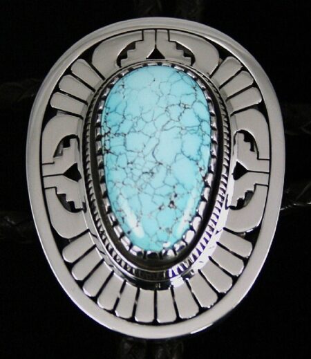 Leonard Nez Rare High Grade Number Eight Spiderweb Turquoise Overlay Bolo Tie
