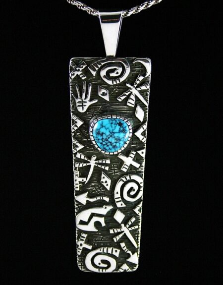 Kee Yazzie Rare High Grade Kingman Spiderweb Turquoise Anasazi Design Double Sided Overlay Pendant