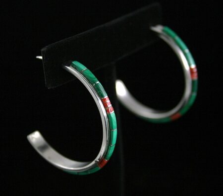 Tommy Jackson Malachite and Coral Inlay Half-Hoop Earrings