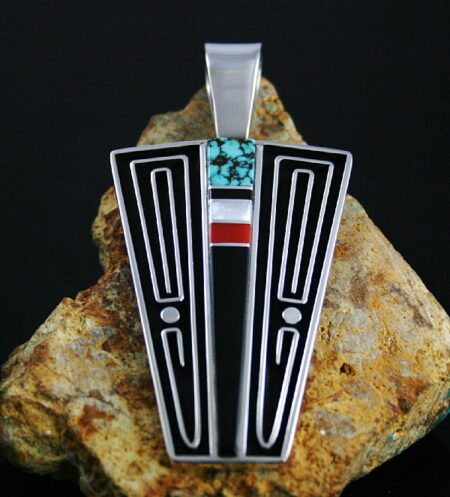 Albert Nells Spiderweb Turquoise and Coral Overlay Pendant
