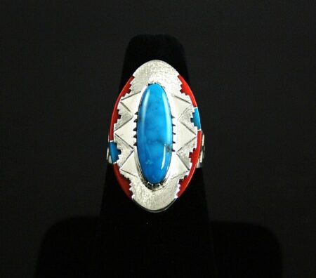 Leo Yazzie Rare Gem Grade Blue Gem Turquoise and Mediterranean Oxblood Coral Ring