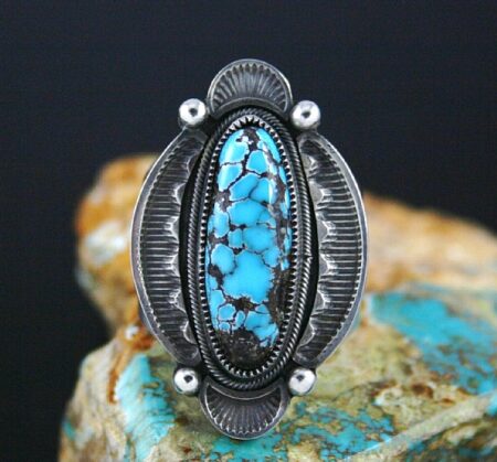 Sammie Kescoli Begay Rare High Grade Candelaria Spiderweb Turquoise Ingot Ring