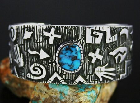 Kee Yazzie Rare Gem Grade Bisbee Turquoise Double Sided Anasazi Design Overlay Bracelet