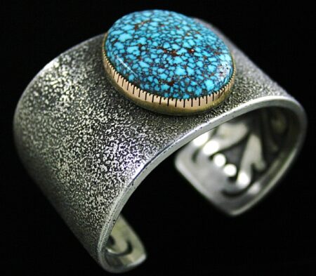 Sammie Kescoli Begay Rare Gem Grade Kingman Spiderweb Turquoise Solid 14K Gold Over Tufacast Sterling Silver Bracelet