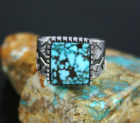 Kee Yazzie High Grade Turquoise Mountain Spiderweb Bear Design Overlay Ring