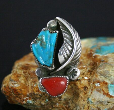 Vintage Ben and Felicita Eustace Kingman Turquoise and Mediterranean Coral Ring