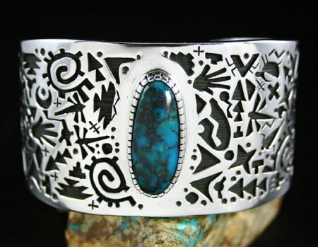 Kee Yazzie Rare Gem Grade Bisbee Turquoise Petroglyph Design Overlay Bracelet