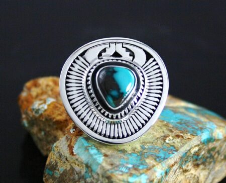 Leonard Nez Rare Gem Grade Bisbee Turquoise Overlay Ring