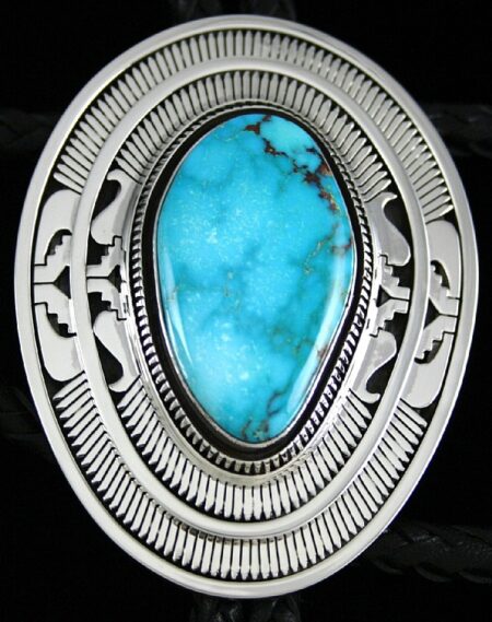 Leonard Nez Rare High Grade Candelaria Turquoise Overlay Bolo Tie