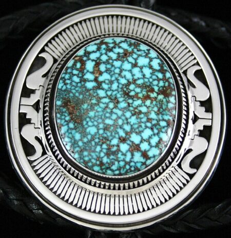 Leonard Nez Rare Gem Grade Turquoise Mountain Spiderweb Overlay Bolo Tie
