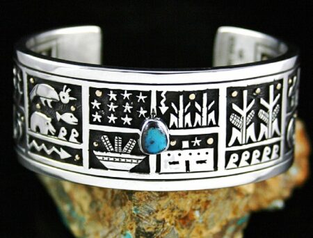 Joseph Coriz Rare Gem Grade Bisbee Turquoise Double Sided Pueblo Abundance Design Overlay Bracelet