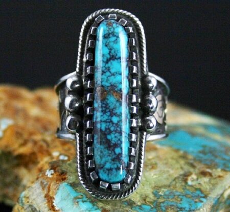 Arland Ben Rare Gem Grade Bisbee Spiderweb Turquoise Solid 14K Gold Over Sterling Silver Petroglyph Design Ring