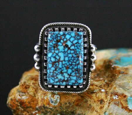 Arland Ben Rare Gem Grade Kingman Spiderweb Turquoise Solid 14K Gold Over Sterling Silver Petroglyph Design Ring