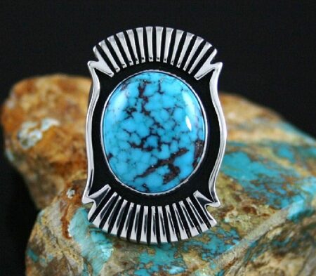 Steven J. Begay Rare High Grade Candelaria Spiderweb Turquoise Overlay Ring