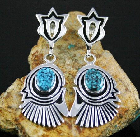 Steven J. Begay Rare Gem Grade Kingman Spiderweb Turquoise Dangle Earrings