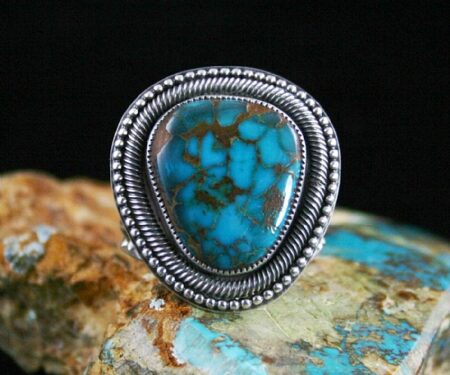 Sammie Kescoli Begay Rare Gem Grade Pilot Mountain Spiderweb Turquoise Ingot Ring