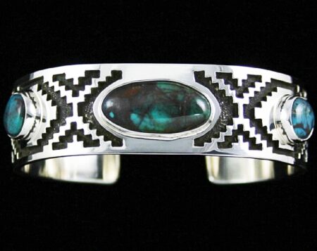 Tommy Jackson Rare Gem Grade Smoky Bisbee Turquoise Navajo Rug Pattern Design Overlay Bracelet